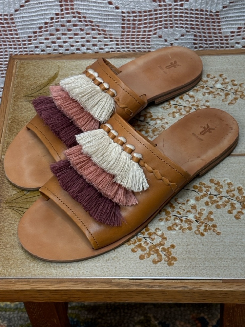 Frye Leather Fringe Slide Sandals | Boho Western Size 9.5